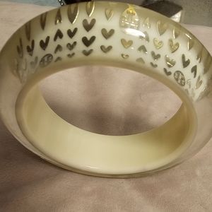 100% Authentic Tory Burch Clear, Lucite, Heart, Logo Bangle White/Gold Bracelet